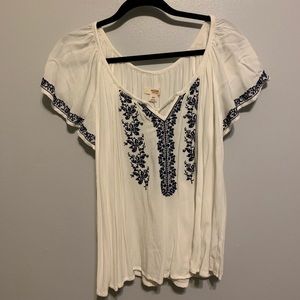Blue & Cream Flowy Embroidered Blouse